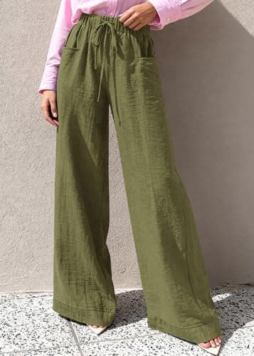 KIRUNDO Wide Leg Palazzo Pants for Women Summer High Waist Flowy Casual Trousers Lounge Pants Beach Vacation Travel Outfits (Army Green, Medium) - Thumbnail 5