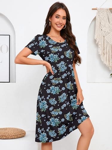 DEARCASE Summer Dresses for Women Floral Black Blue and White Flower XX-Large Short Sleeve A Line Summer Casual Midi Sundress Wedding Guest Flowy Swing Cocktail Spring Empire Waist Dress with Pockets - Thumbnail 4