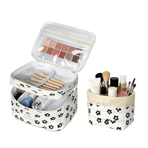 Gosect Makeup Bag, Quilted Cosmetic Bag Set, Drawstring Makeup Bag with Canvas Lining, Large Floral Toiletry Bag for Women Girls, Cute Cotton Flower Travel Organizer Bag (Black Flower - Image 1
