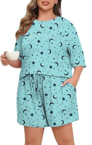Lastshe Womens Plus Size Pajama Set 2 Piece Soft Short Sleeve with Pockets Shorts Sleepwear Knit Pjs Lounge Set Summer,Blue Star Moon,1X - Thumbnail 4