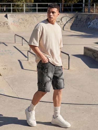 JMIERR Baggy Jeans Shorts for Men Oversized Fit Knee-Length Wide Leg Jorts Y2K Vintage Streetwear Denim Shorts with Star Patches, Gray, X-Small - Thumbnail 2