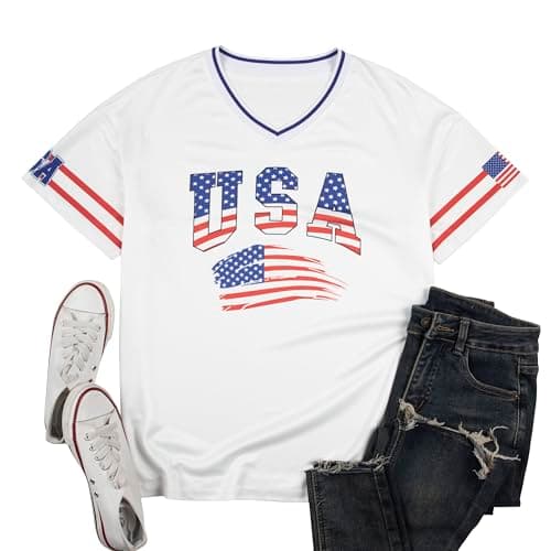 USA Jersey Shirts for Women Oversized American Flag Tshirt 4th of July Outfits V Neck Baggy Streetwear Tops - Thumbnail 6
