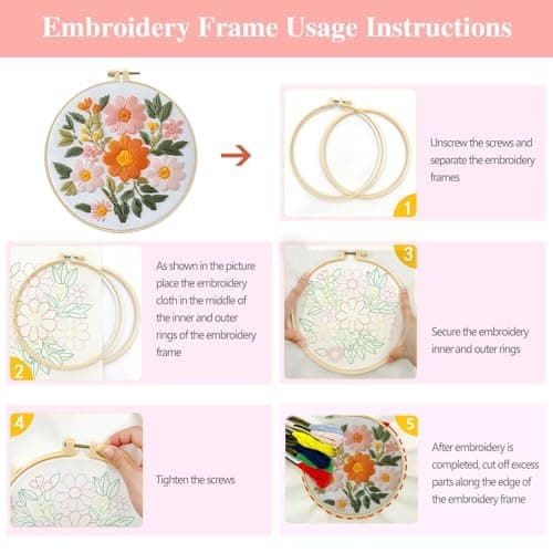 FEIYUENO Beginner Embroidery Kit for Adults, 3-Pack Easy Needlepoint Starter Kits with Pre-Stamped Floral Embroidery Patterns, 7.8" Hoop, Floss & Needles, Step-by-Step Guide (Flower) - Thumbnail 4