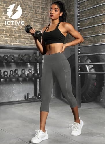ICTIVE Women's Capris Yoga Pants with Pockets Crossover V Cross High Waisted Fitness Running Leggings Grey L - Thumbnail 6