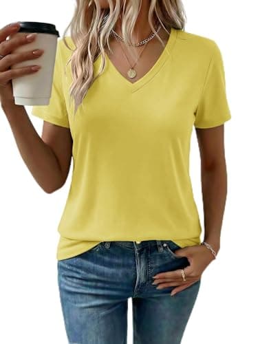 LaGracia Women's Cotton T Shirt V-Neck Short Sleeve Shirt Classic-Fit Casual Breathable Tee Summer Basic Tops Yellow M - Image 1