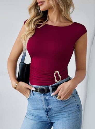 Pink Queen Going Out Tops for Women Sleeveless Ruched Slim Fitted Stylish T-Shirts with Buckle Decor Red Dahlia L - Thumbnail 4