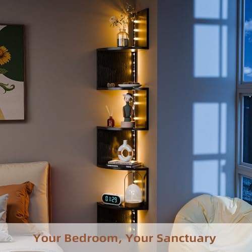 HAAYOT Corner Shelf Wall Mounted: 5-Tier Floating Shelves with Lights for Living Room, Bedroom, Home Office, Black - Thumbnail 5
