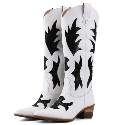 QIV White Cowboy Boots for Women Western Mid Calf Pointed Toe Chunky Heel Cowgirl Boots with Embroidered Size 9.5 - Thumbnail 5