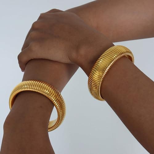 Poaiiu Gold Bracelets for Women 14K Gold Plated Stretch 16mm Snake Chain Bangle Cuff Bracelet Jewelry Gifts for Women - Thumbnail 6
