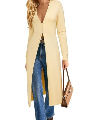 GRACE KARIN Womens Long Cardigan Trendy, Lightweight Knit Dusters Coat, V Neck Button Up Sweater Maxi Dress Yellow 2XL - Image 1