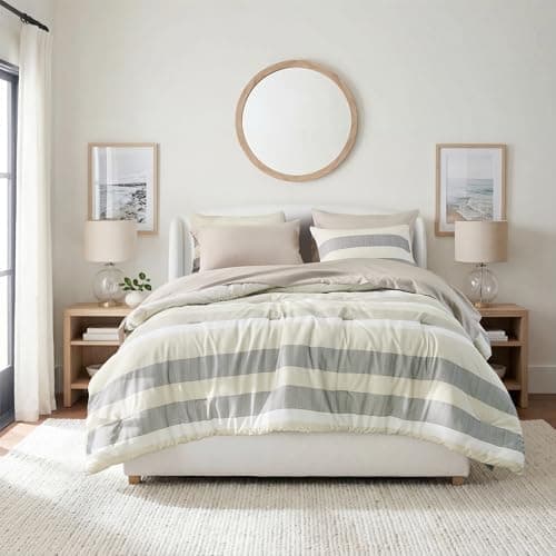 Regency Heights Queen Size Modern Striped Comforter Set, Lightweight Soft Microfiber Bedding Sets for All Season 7 Pieces Bed in A Bag Set with Comforter, Sheets, Pillowcases & Shams, Neutral