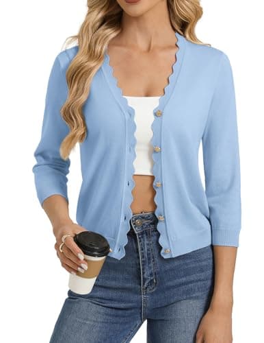 GRACE KARIN Womens Blue Cropped Cardigan Sweater, Lightweight 3/4 Sleeve Shrugs Trendy, Button Up Dressy Casual Spring Fashion - Image 1