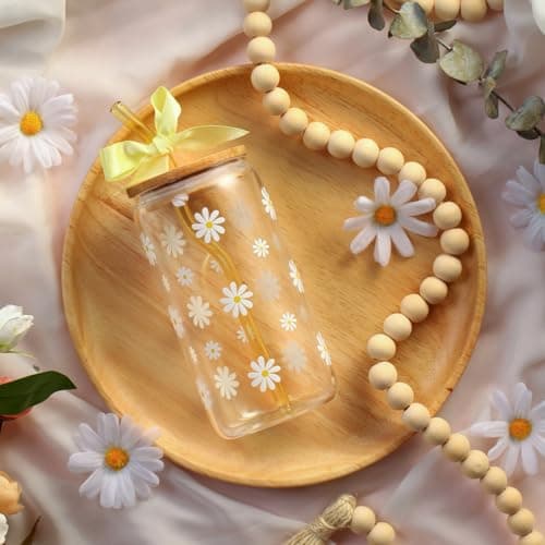 KMCCUMBER Cute Glass Cups with Lids and Straws, Teen Girl Birthday Gifts Daisy Iced Coffee Cup, Yellow Aesthetic Mug Tumbler for Birthday Mothers Day Christmas Valentines Coffee Lover 16oz - Thumbnail 2
