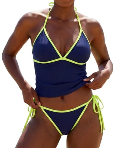 Jillumi Tankinis Swimsuits for Women's Halter Swimsuits Two Piece Halter V Neck Cute Bathing Suit High Cut Side Tie Thong Swimwear Navy S - Image 1