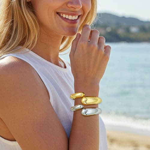 Gold Silver Chunky Bangles Bracelet for Women Trendy, 14K Gold Plated 2 Pcs Dainty Thick Cuff Bracelet Stack - Thumbnail 2