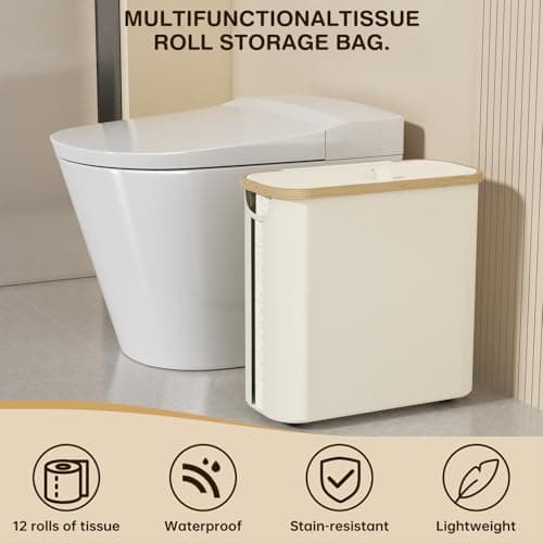 Toilet Paper Storage Basket with Lid and Handle, Foldable Toilet Paper Basket Organizer for Bathroom, Large Capacity Toilet Paper Holder with Storage for 12 Mega or 16 Regular Rolls, Beige - Thumbnail 6