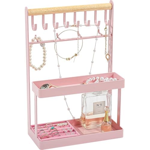 Lolalet 4-Tier Jewelry Organizer Stand with 12 Hooks, Necklace Bracelet Ring & Sunglasses Holder, Cute Metal Jewelry Storage Rack for Vanity, Dresser or Entryway, No Assembly -Pink - Image 1
