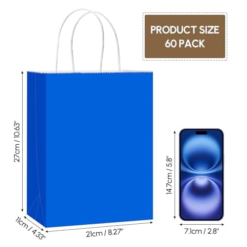 Qioxiou 60 Pack Blue Gift Bags 8.27x4.33x10.63 Medium Size Kraft Paper Bags with Handles Bulk for Birthday Wedding Party Favors Grocery Retail Shopping Business Goody Craft Gift Bag Sacks - Thumbnail 2