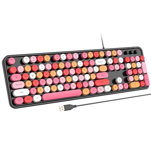 Atelus USB Wired Computer Keyboard - Retro Typewriter Keyboard - Full Size Office Keyboard with Number Pad, Caps Indicators, Foldable Stands, for PC Laptop Desktop Windows (Black Colorful)