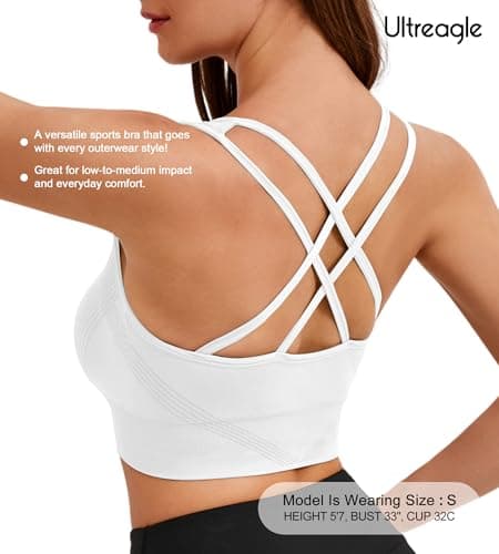 Sports Bras for Women Medium Support Cross Back Strappy Sports Bra Padded Workout Yoga Bras for Women Gym Tops, White, M - Thumbnail 4