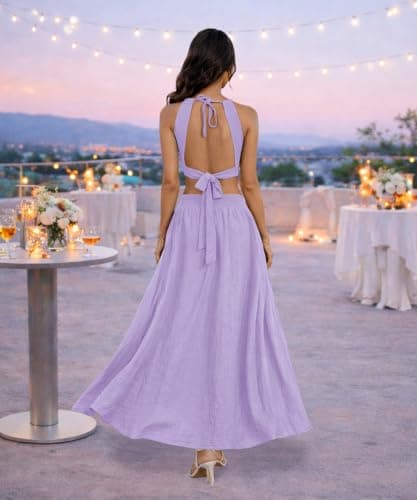 ABKY Women's Sexy Sleeveless Halter Neck Dress Criss Cross Tie Back Split Maxi Dresses Summer Beach Vacation Dress Light Purple S - Thumbnail 5