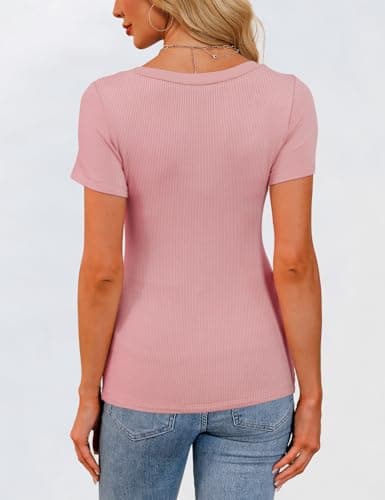 GKBK Scoop Neck Short Sleeve Tops for Women Ribbed Knit Slim Fitted Tight Layering Top Basic Tee Shirts Cute Summer Tops Casual Spring Outfits 2026 Trendy Pink - Thumbnail 5