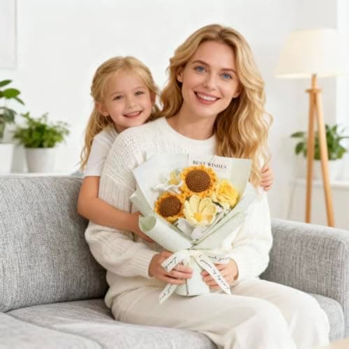 FLOLVISOU Crochet Flower Bouquet Handmade Artificial Flowers with Card - Thumbnail 4