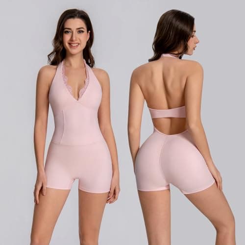 KAIFUYING One Piece Workout Jumpsuits For Women Backless Bodycon Bodysuits Lace Trim V-Neck Short Sexy Workout Sets Pink-M - Thumbnail 2