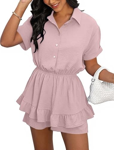 Angashion Womens Summer Shorts Romper: Self Tie V Neck Layer Ruffle Hem Romper Dress with Pockets 2492Pink Large - Image 1
