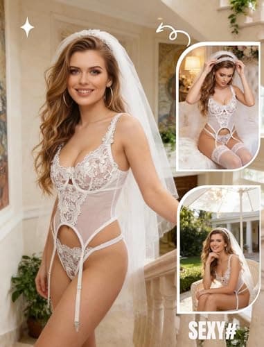 Avidlove Womens Sexy Lingerie Set with Garter Push Up Lace Croset Lingerie Boudoir Outfits White Small - Thumbnail 2