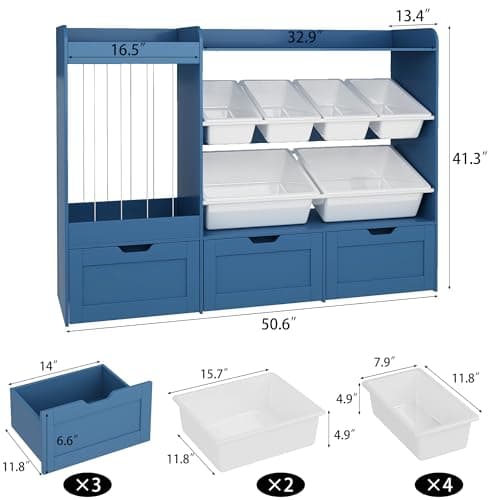 VortinT 50.6" W Large Toy Storage, Kids Toy Organizer Shelf with Stuffed Animal Zoo, 6 Plastic Bins, 3 Rolling Boxes, Wooden Toddler Toy Bookshelf Organization Shelves for Kids Room, Bedroom (Blue) - Thumbnail 2