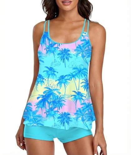 Stylish Swim Suits for Women Slimming Tankini Set Adjustable Straps 2 Piece Swimwear Tropical Hawaii Beach Pool Party Photoshoot Flattering Hides Belly Perfect for Vacation Blue Cyan XL - Image 1
