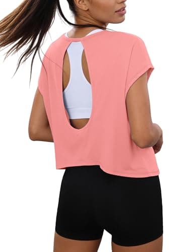 Totatuit Women Cropped Workout Tops Cute Open Back Short Gym Shirts Crew Neck Sleeveless Tank Top Loose Fit Summer Tshirts Exercise Yoga Runing Athletic Tee Dark Pink Large - Image 1