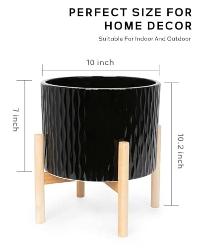 LaDoVita Ceramic Plant Pot with Stand, 10 Inch Planter with Wood Shelf, Modern Round Flower Pots Indoor with Wood Planter Holder, Black Water Ripple Pattern - Thumbnail 2