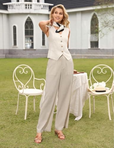 GRACE KARIN Linen Pants for Women Wide Leg Palazzo Pants 2026 Summer Business Casual Pants with Pockets Apricot M - Thumbnail 5