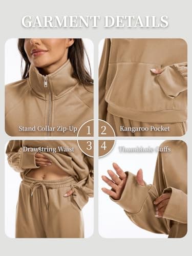 Anyshe Women's 2 Piece Sweatsuit Set Lounge Set Half Zip Sweatshirt with Kangaroo Pocket Thumb Holes Wide Leg Drawstring Pants Casual Tracksuit for Travel Daily Wear, Khaki, Medium - Thumbnail 6
