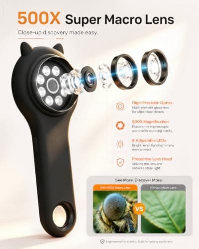 Digital Microscope for Kids School Projects, 500X Portable Microscope with 2" IPS Screen, STEM Science Tool for Kids Age 6-12 (Black) - Thumbnail 3