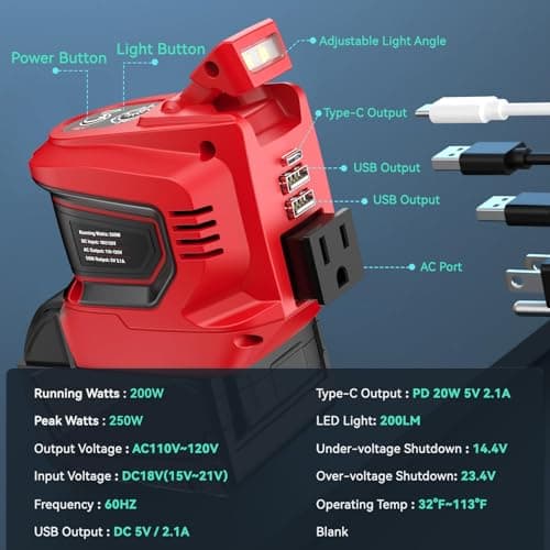 Ecarke 200W Portable Power Inverter Compatible with Milwaukee 18V Battery, DC 18V to AC 110V Power Station with 1 AC Outlet, 2 USB, 1 Type-C & LED Light, for Outdoor Emergency Use (No Battery) - Thumbnail 6