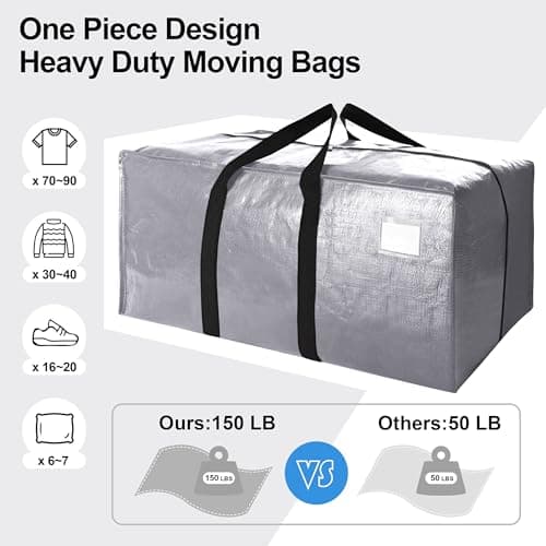 6 Pack Heavy Duty Extra Large Moving Bags W/Backpack Straps - Strong Handles & Zippers, Storage Totes For Space Saving, Fold Flat, Alternative to Box and Bin (40 gal, Silver) - Thumbnail 5