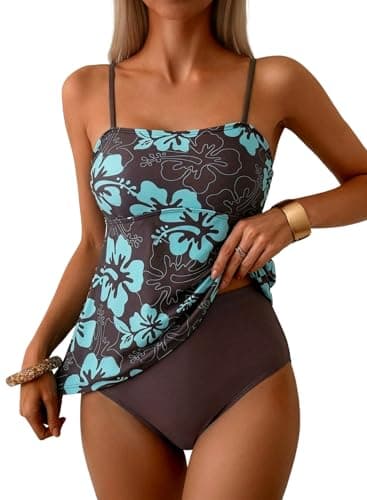 Dokotoo Women's Floral Tankini Sets Two Piece Swimsuits Boho Floral Print Flowy Bathing Suits with Bottoms Loose Fit Beachwear,Brown Large - Image 1