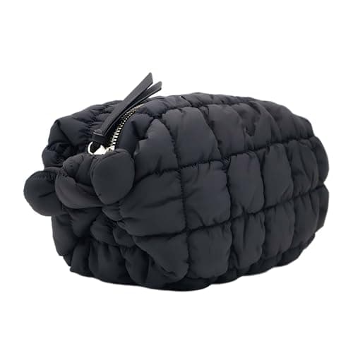 Puffy Quilted Makeup Bag Travel Pouch with Inner Pocket, Black