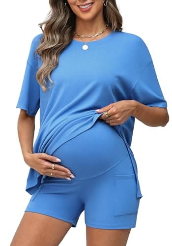 Charmo Shorts Sets Women 2 Piece Outfits Summer Lounge Matching Set Vacation Short Sleeve Clothing with Pockets Blue S - Image 1