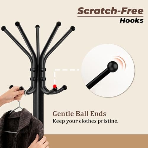 Outspurge Metal Coat Rack, Freestanding Coat Tree & Hall Tree with 15 Hooks, Sturdy Coat Rack Stand and Hat Rack, Coat Hanger for Entryway, Bedroom, Office for Jackets, Hats, Bags,Black - Thumbnail 4