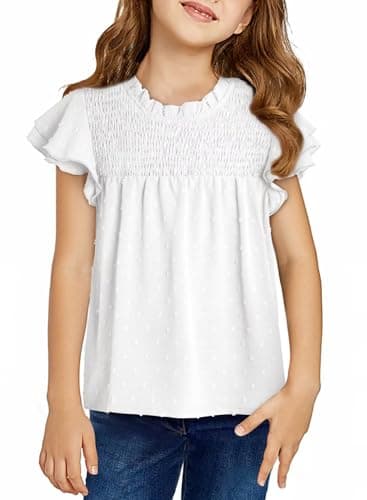 DOKOTOO KIDS Girls White Tops Teen Short Sleeve Blouse Tween Cute Dressy Trendy Little Girl Babydoll Casual Peplum Ruffle Boho Swiss Polka Dot Shirts Size 6-7 Years - Image 1