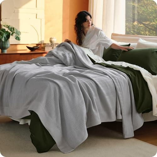 Bedsure 100% Certified Organic Cotton Blanket - Twin Size, Soft & Breathable Luxury Blankets for Bed, All Seasons Waffle & Herringbone PureWoven Textured Thermal Blanket for Adults, Kids, Grey - Image 1