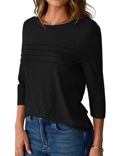 NORACORA 3/4 Sleeve Tops for Women T Shirts Dressy Casual Spring Fall Outfits Pleated Front Shirts Round Neck Casual Tunic Basic Tee Tops Black M - Thumbnail 3