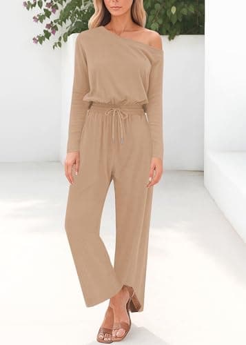 Lazysmile Jumpsuits For Women Dressy Long Sleeve Off Shoulder One Piece Wide Legs Rompers Casual Fall Outfits with Pockets - Thumbnail 5