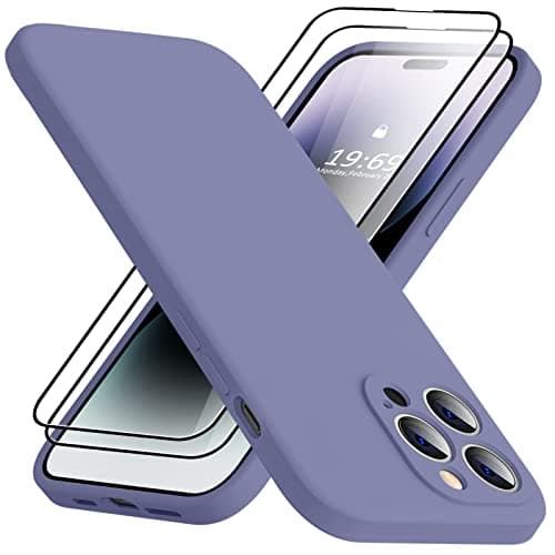 TISOOG Compatible with iPhone 14 Pro Case for Women,with 2 Pcs 9H Tempered Glass Screen Protector,[Camera Protection][Microfiber Lining] Slim Shockproof Silicone Case iPhone 14 Pro,Lavender Grey - Image 1