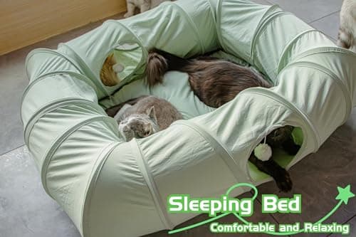 XxingSheep 4 Ways Shuttled XL Cat Tunnel Bed for Indoor Cats Peekaboo Cat Cave Donut with Cool Mat (Green) - Thumbnail 3