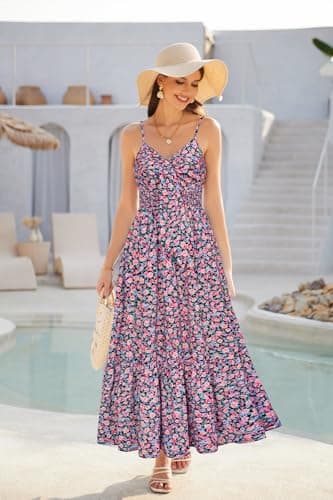 Women's 2025 Summer Sleeveless Boho Floral Maxi Dress V Neck Casual Long Dresses with Pockets - Thumbnail 4